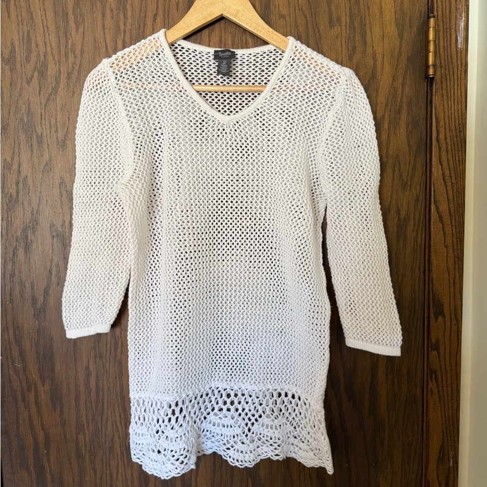 Chico’s Travelers White Crochet Knit Tunic Beach Vacation Coverup Top Coastal LG